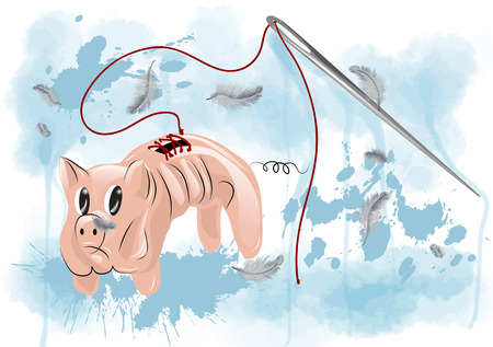 thin piggy bank. cartoon pig and needleのイラスト素材