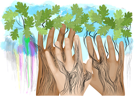 hands as tree agaist a blue skyのイラスト素材