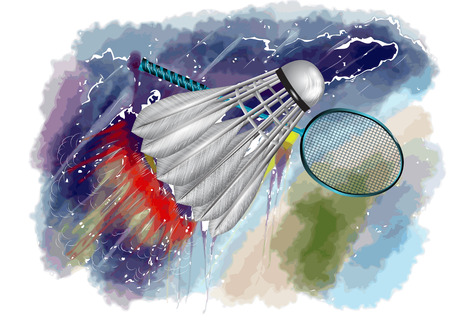 badminton championship. racquet and shuttle in fire on abstract grungy colorのイラスト素材