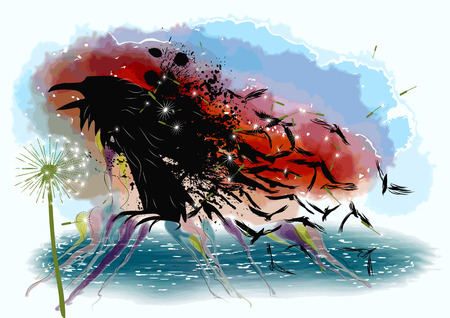 Crows and dandelion againsta a multicolor sunsetのイラスト素材