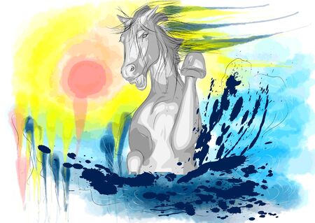 white horse on abstract grunge multicolor backgroundのイラスト素材