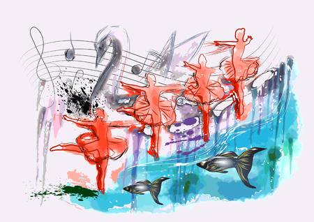 ballet Swan Lake. abstract silhouette of swan and four ballerinasのイラスト素材
