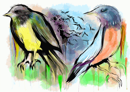birds. two abstract multicolor birds om grunge backgroundのイラスト素材