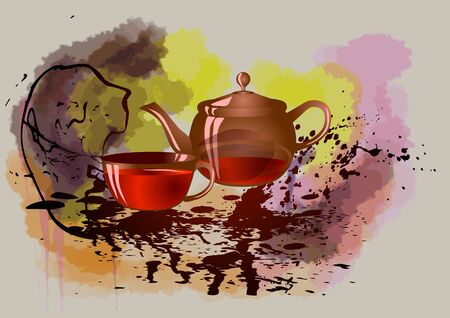 evening tea. teapot and cup of tea on abstract backgroundのイラスト素材