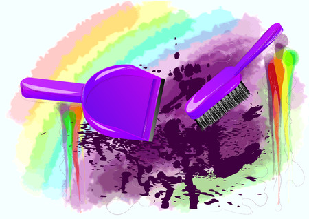 spring-cleaning. brush and dustpan on abstract multicolor backgroundのイラスト素材