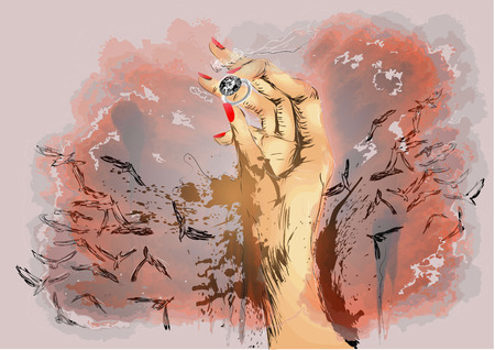 ring in hand. abstract human hand on dark sky with crowsのイラスト素材