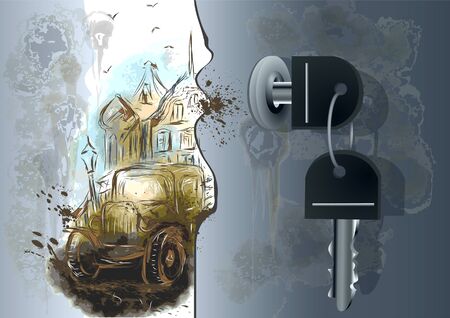 door to history. abstract car on old roadのイラスト素材