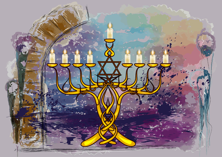menorah with candles on abstract multicolor grunge backgroundのイラスト素材