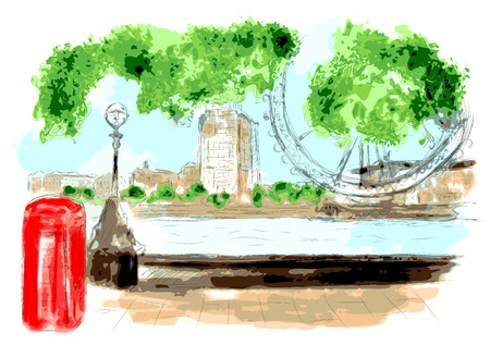 london river with wheel and phone cabinのイラスト素材
