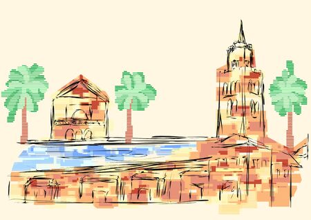 marrakech abstract silhouette of building and palmsのイラスト素材