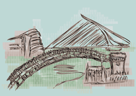 dublin abstract city background with bridge and castleのイラスト素材
