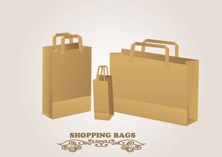 brown shopping bags. Natural  bags on biege backgroundのイラスト素材