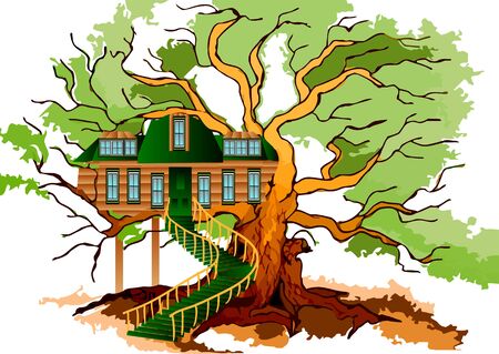 tree house and oak isolated on whiteのイラスト素材