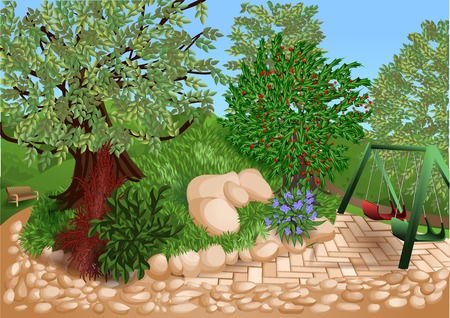 park with trees, multocolor flowers and children playgroundのイラスト素材