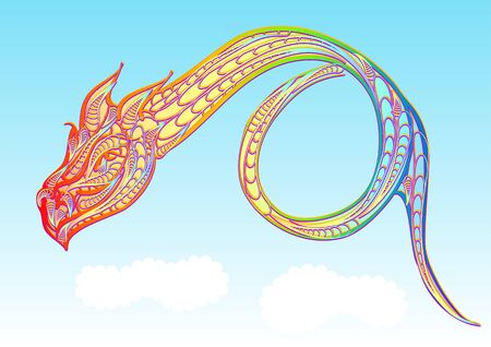 rainbow dragon agains a blue sky with cloudsのイラスト素材