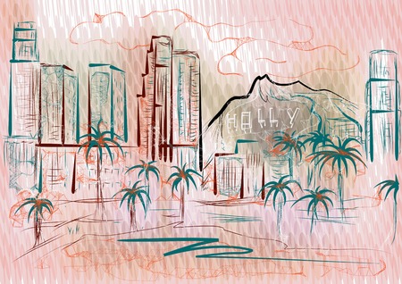 los angeles. abstract silhouette of city on multicolor backgroundのイラスト素材