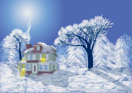 winter house under snow in blue forestのイラスト素材