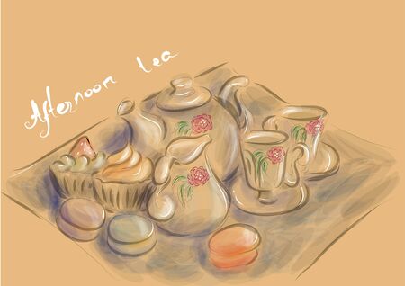 afternoon tea party with cake and macaronsのイラスト素材