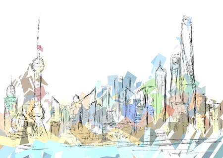 shanghai. abstract silhouette of city on mulicolor backgroundのイラスト素材
