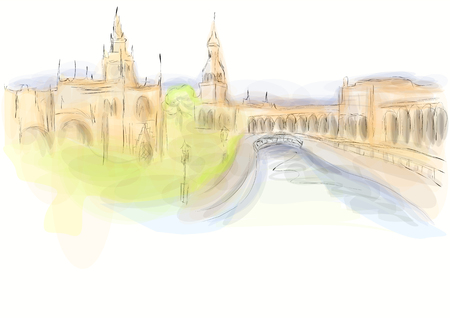 seville. abstract multicolor silhouette of town exteriorのイラスト素材