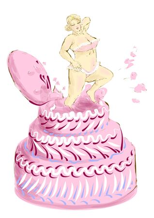 cake girl, woman jumping out of the cakeのイラスト素材