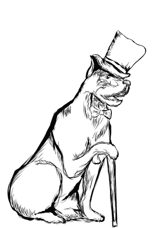 dog with hat and walking stick on whote backgroundのイラスト素材