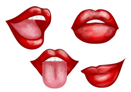 set of red women's lips isolated on whiteのイラスト素材