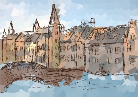 bruges. abstract silhouette of city on multicolor backgroundのイラスト素材