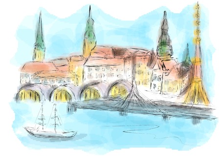 riga. anstract silhouette of city on multicolor backgroundのイラスト素材