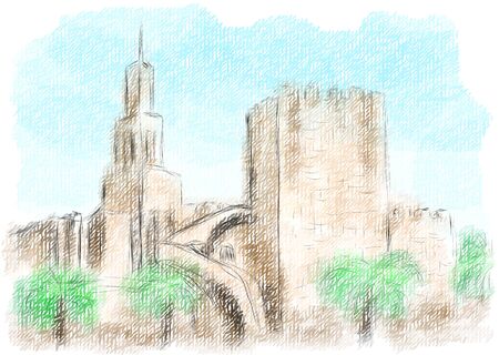 santo domingo, abstract silhouette of buildings on multicolor backgroundのイラスト素材