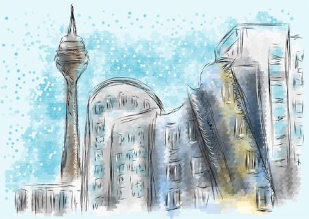 dusseldorf. abstract silhouette of city on multicolor backgroundのイラスト素材