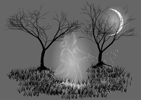 ghost girl in white on a rural pathのイラスト素材