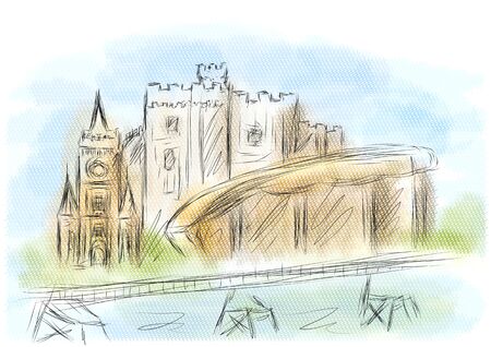 cardiff. fbstract illustration of landmark on multicolor backgroundのイラスト素材