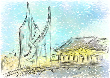 Seoul. abstract illustration of city on multicolor backgroundのイラスト素材