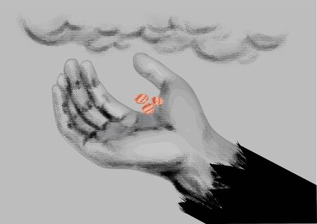 Beggar symbol. mendicants hand with coins on grayのイラスト素材