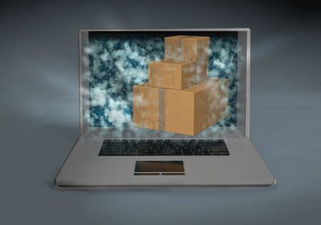 Laptop an boxes. Online shopping. 3d illustration