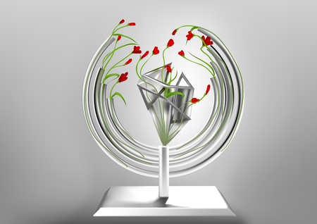 Vase with red abstract flowers on gray backgroundのイラスト素材