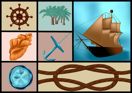marine themes set. ship, anchor and palm treeのイラスト素材