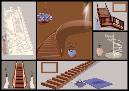 stairs and vases set. escalator and stairs with decorのイラスト素材