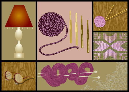 needlework knitting set, lamp an glasses on wooden tableのイラスト素材