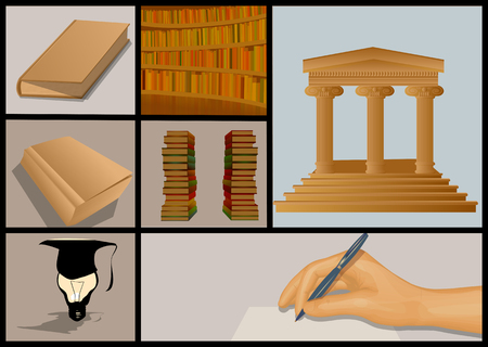education and books set. building and library illustrationのイラスト素材