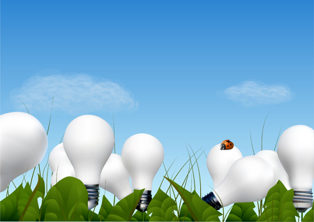 Innovation concept. Sky and electric lamps in green leaves.のイラスト素材