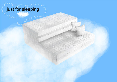 Two mattresses on white cloud in blue sky illustration.のイラスト素材