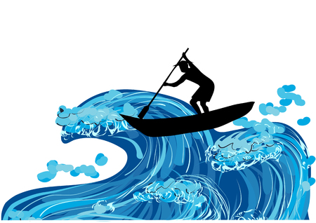 abstract silhouette of Fisherman and wave on awhite backgroundのイラスト素材