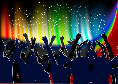 Young people at concert. Silhouette of people and lightのイラスト素材