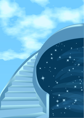 Stairway to the sky. Abstract background with clouds and starsのイラスト素材