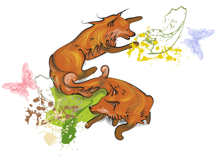 foxes and butterflies isoalted on whiteのイラスト素材