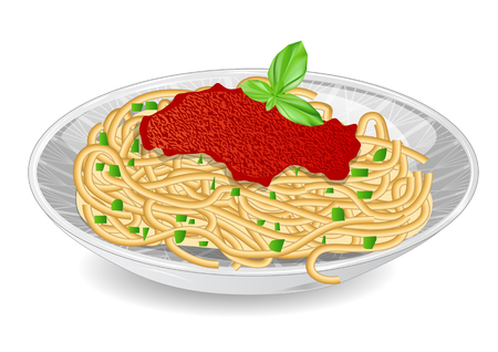 white plate of spaghetti with tomato sauce and basilのイラスト素材
