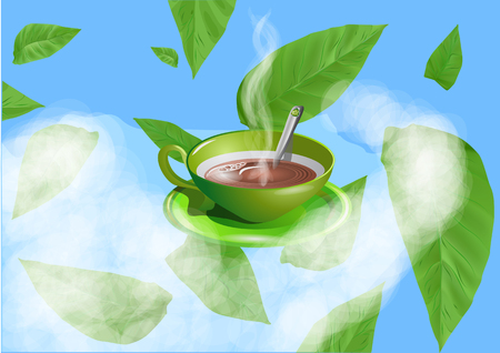 green cup with tea of coffee on cloudのイラスト素材