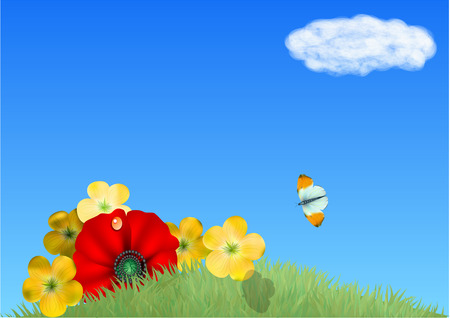 Field with flowers and butterfly again blue skyのイラスト素材